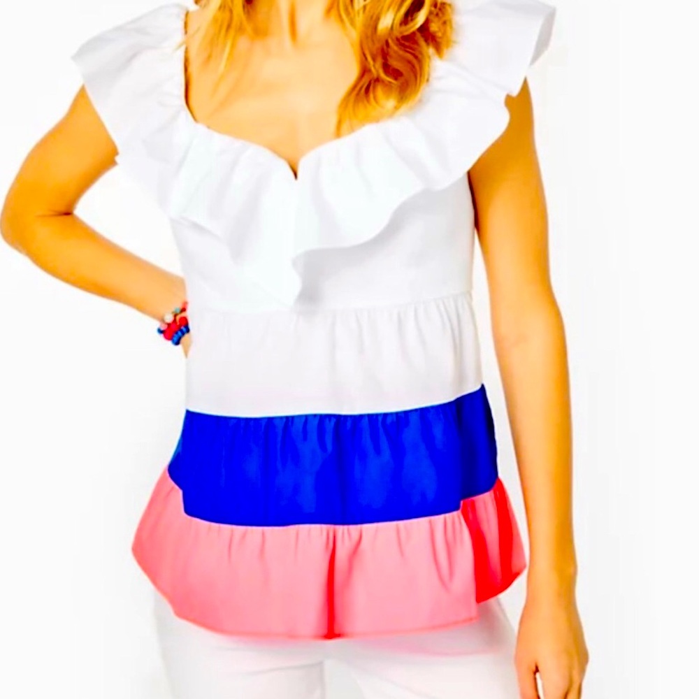 Lilly Pulitzer Women's Emie Ruffle Top White Colorblock - Regular 8
